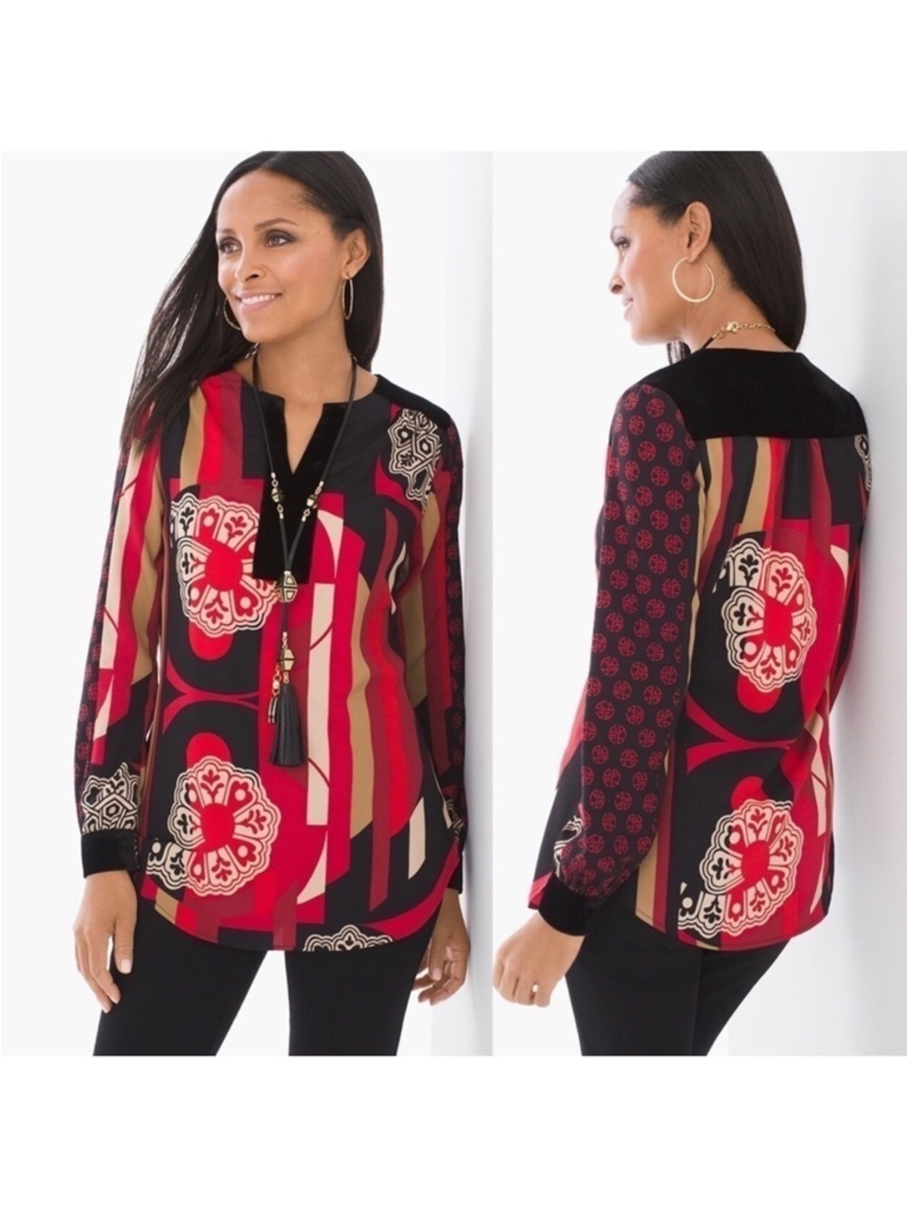 Chico’s Red Black Velvet Trim Split Neck Tunic‎ Blouse L 2 Medallion Print Boho